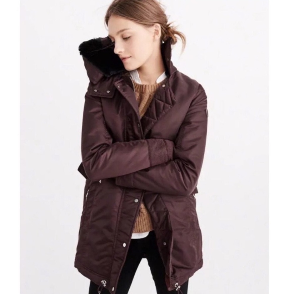 NWT Abercrombie Burgundy Maroon Red Parka Jacket Womens Puffer Fur Black